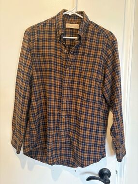 Men's Medium Orange & Navy Plaid Flannel Button-Down Collared Shirt
